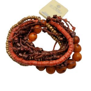 Esmor Orange, Brown & Gold Bead Multi Strand Stretch Bracelet NWT Boho